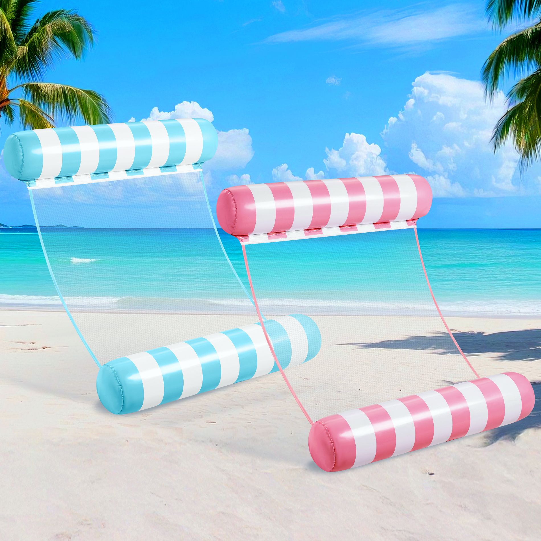 Joyfy Pool Floats Adult, Inflatable Pool Lounge Chairs Set of 2,  4-in-1 Multi-Purpose Water Hammock Beach Lake Floaties Loungers ( Aquablue,Pink)