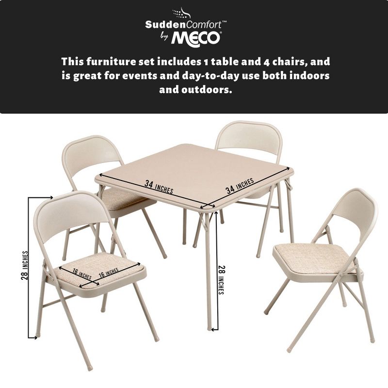 MECO E48.34.P31 Sudden Comfort 5 Piece 34x34 Square Folding Dining Card Table and 4 Padded Folding Chairs Folding Furniture Set, Buff Tan, 3 of 7
