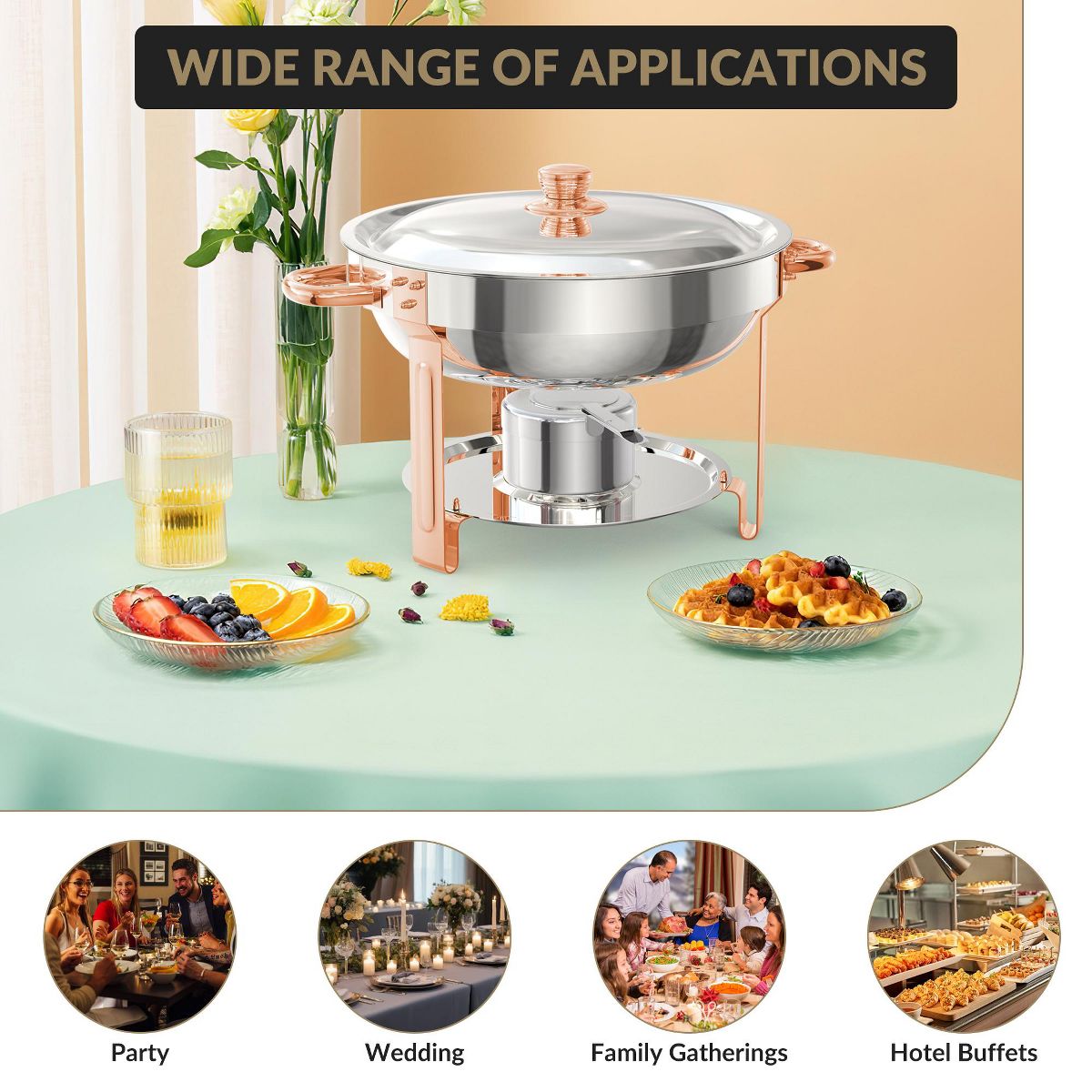 6-Pack 5QT Round Stainless Steel Chafing Dishes Set with Lid Holder & Cover - Buffet Warmers for Parties/Festivals/Weddings - thumbnail 6