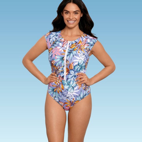 Women S Slimming Control Zip Front Cap Sleeve One Piece Swimsuit Beach Betty By Miracle Brands Blue Target