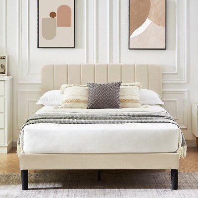 VECELO Velvet Upholstered Platform Bed Frame with Adjustable Headboard, Sturdy Wood Slat Support, No Box Spring Required