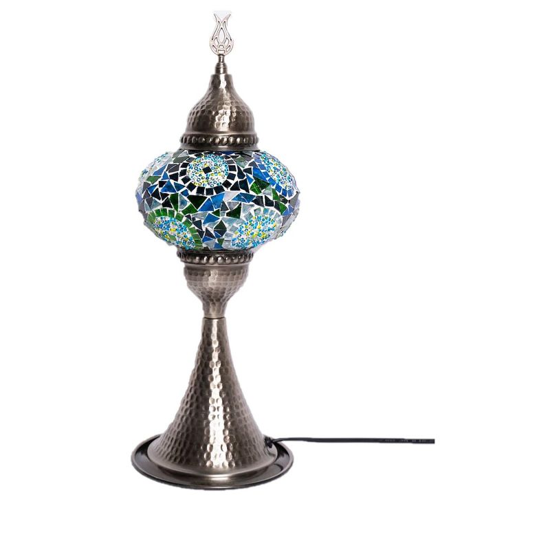 Kafthan 16 in. Handmade Elite Turquoise Separated Circles Mosaic Glass Table Lamp with Brass Color Metal Base, 1 of 3