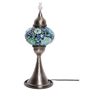 Kafthan 16 in. Handmade Elite Turquoise Separated Circles Mosaic Glass Table Lamp with Brass Color Metal Base