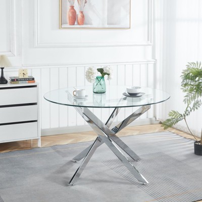 Glass Top Dining Table with Cross Metal Legs, Round/Square Kitchen Table for 4-6 - ModernLuxe