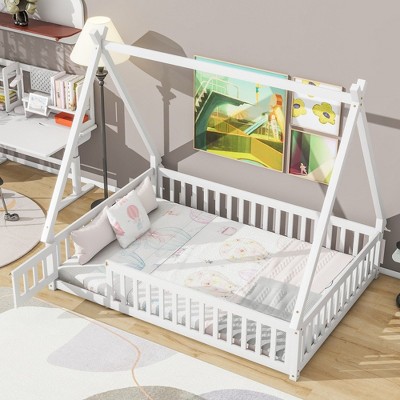 CAVINAS Full Size Wood Montessori Bed with Safety Guardrails,Modern Tent-Shaped Floor Bed with Slats Bed and Door,Toddler Bed for Bedroom