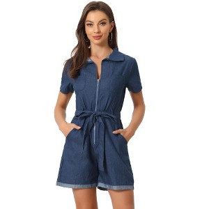 Allegra K Women's Denim V Neck Zip Up Short Sleeve Belted Jumpsuit - 1 of 4