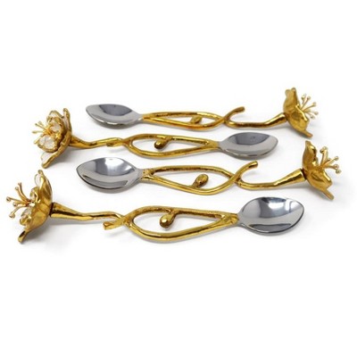 Classic Touch Set of 4 Gold Dessert Spoons with White Enamel Flowers