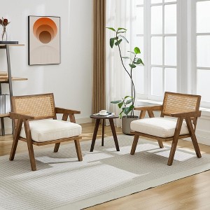 Mid-Century Accent Chair Set of 2 - Farmhouse Wood Armchair with Rattan Backrest & Linen Cushion - 1 of 4