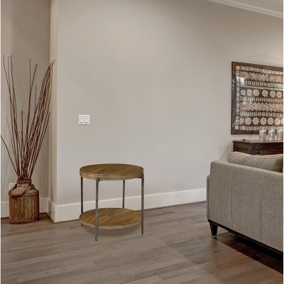 Transitional Brown Wood and Metal Round Side Table with Storage