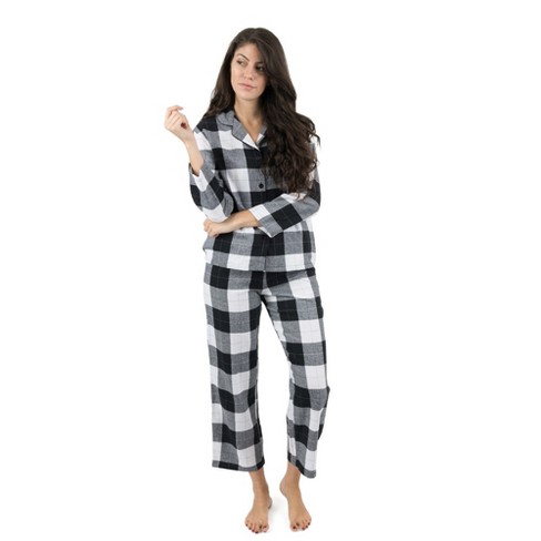 Leveret Womens Two Piece Flannel Pajamas Plaid Black And White Xs
