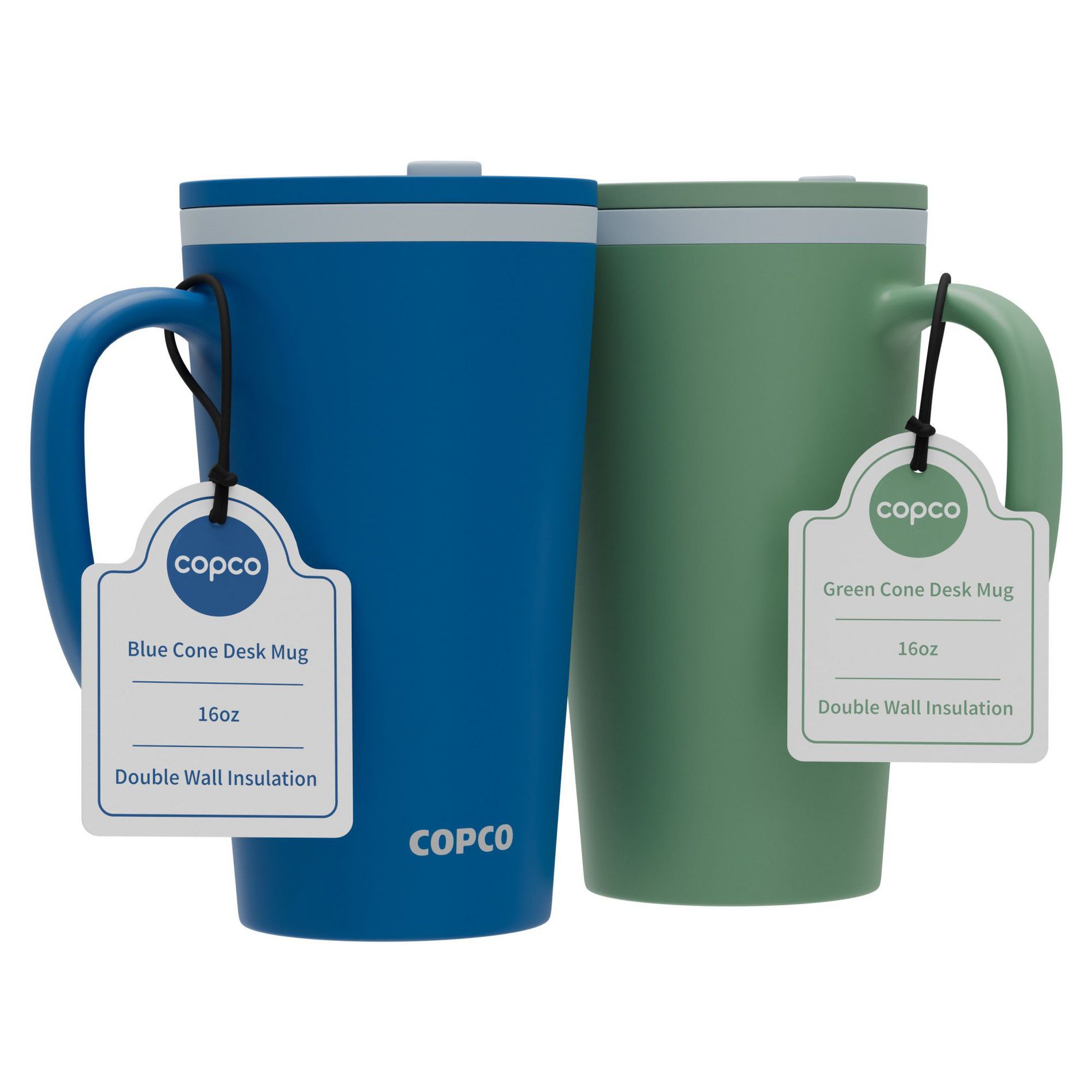 Copco Cone Travel Coffee Mug, 16 oz (Set of 2) - Insulated Drinkware with Spill-Proof Lid, Microwave & Dishwasher Safe - BPA-Free (Blue/Green)
