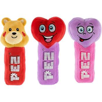 Wondapop Pez Valentine's Day Plush Set with Teddy Bear, Red Heart and Purple Heart Plush Dispensers, 7-Inch (Set of 3)