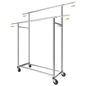 Simple Trending Double Rod Clothing Garment Rack, Rolling Clothes Organizer on Wheels for Hanging Clothes,with 4 hooks, Chrome - 1 of 4