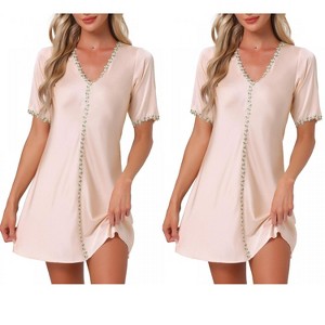 INSPIRE CHIC Women's 2 Pcs Floral Satin Sleep Dress A-Line Soft V-Neck Short-Sleeve Loungewear - 1 of 4