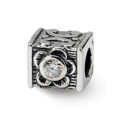 Black Bow Jewelry Square Floral Sterling Silver & CZ Bead Charm