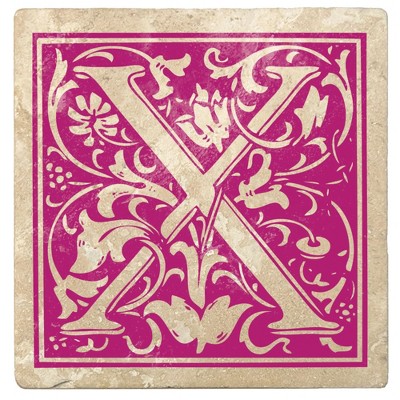 Christmas by Krebs 4pc Ivory and Tutti Frutti Pink Alphabet "X" Square Monogram Coasters 4"
