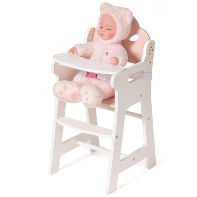 ROBOTIME Doll Furniture, Doll High Chair with Seat Belt, Accessories and Movable Tabletop for 18-20 Inch Dolls, White, 11"*9.8"*20"