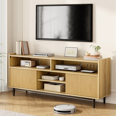 Fluted TV Stand for 80 Inch, Boho Entertainment Center with Storage and Sliding Doors, Wooden TV Cabinet with Adjustable Shelves for Living Natural