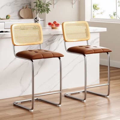 AZL1 Life Concept Dining Sets 2 Set of Cushioned Leather Counter Stools featuring Wicker Backrests for Kitchen Seating, Brown, 18.9"*17.7"*39.4"
