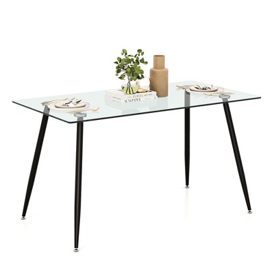 Tangkula Modern Glass Dining Table Rectangular Dining Room Table W/Metal Legs For Kitchen