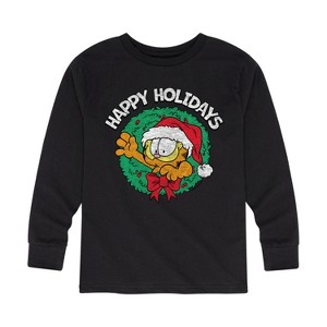 Boys' - Garfield - Happy Holidays Wreath Long Sleeve Graphic T-Shirt - 1 of 4