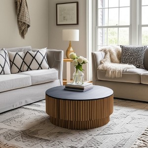 Royal Hampton Coffee Table | 34" Round Black Top | Brown Mango Wood Fluted Plinth Base - 1 of 1
