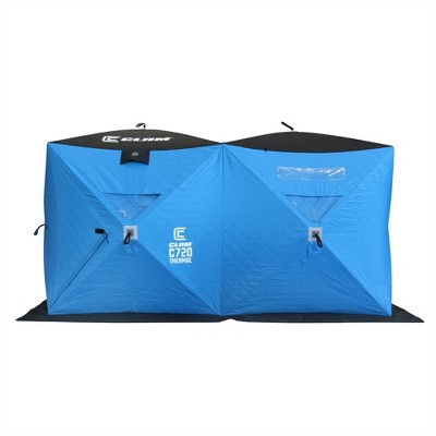 Outsunny 4 Person Insulated Ice Fishing Shelter 360-Degree View, Pop-Up Portable Ice Fishing Tent with Carry Bag, Two Doors and Anchors, Dark Blue