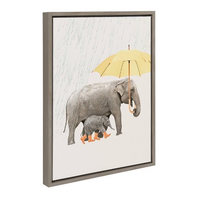 Gray Elephant Print on Canvas with Yellow Umbrella