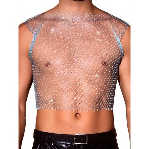 INSPIRE CHIC Men's Festival Fishnet Sheer Sparkly Rhinestone Tank Tops - 1 of 4