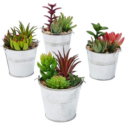 Juvale 4 Pack Artificial Succulents Plants, Faux Fake Cactus with Iron Bucket for Garden & Patio Decor, 6.5 in