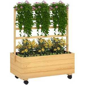 Outsunny Wooden Garden Planter with Trellis and Wheels, Freestanding Garden Box for Garden, Patio, Balcony, Natural - 1 of 4