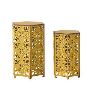Vynxaria Patio End Tables - Yellow 2-Piece Set with Fleur-de-Lis Design - 1 of 4