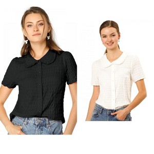 Allegra K Women's Sweet Ruffle Trim Peter Pan Collar Button-Down Shirt 2 Packs - 1 of 4