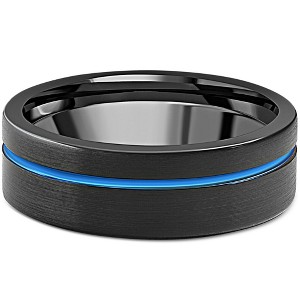 Pompeii3 Men's Black & Blue Inlay Tungsten Ring Brushed Ring 8mm Wedding Band - 1 of 4