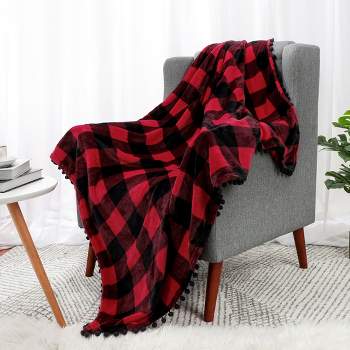 PiccoCasa Plaid Throw Blanket with Pom Poms Tartan Checkered Fleece Blanket