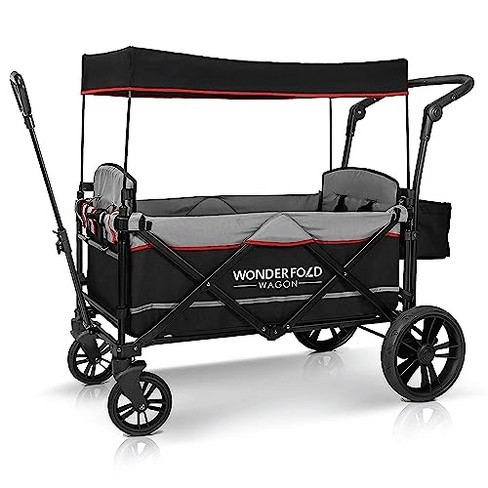 WONDERFOLD X2 Push & Pull Double Stroller Wagon with 5 Point Harnesses,  Adjustable Push Handle, Telescopic Handle, and Removable UV-Protection  Canopy