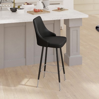 Black Faux Leather Bar Height Stools with Chrome Accents, Set of Two