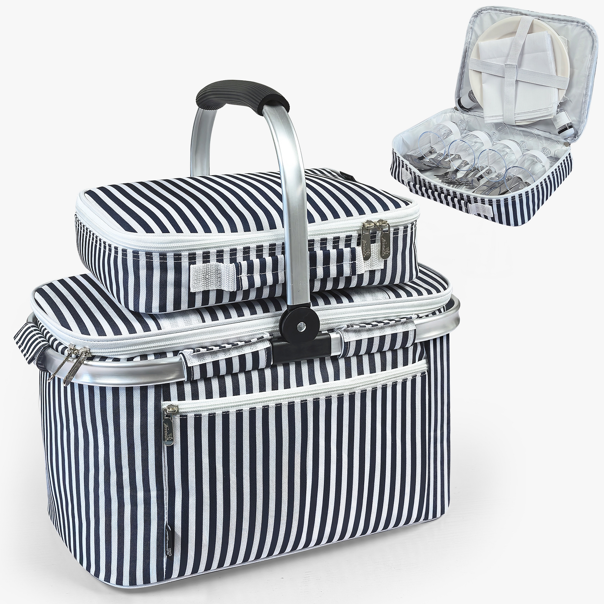 Tirrinia 34L Large Insulated Cooler Picnic Basket Handles Zip Closure Waterproof Leakproof Collapsible Cooler with Portable Cutlery Organizer (Stripe)