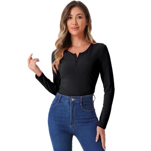 Women Black Rib Front Zipper Top