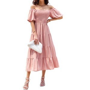 Women's Casual Summer Midi Dress Puff Short Sleeve Square Neck Smocked Tiered Ruffle Dresses - 1 of 4