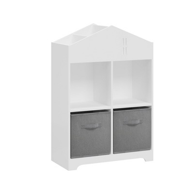 Kids Dollhouse Bookcase with Storage, 2-Tier Storage Display Organizer, Toddler Bookshelf with Collapsible Fabric Drawers for Bedroom or Playroom