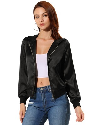 INSPIRE CHIC Women's Casual Zipper Front Satin Lightweight Bomber Jacket