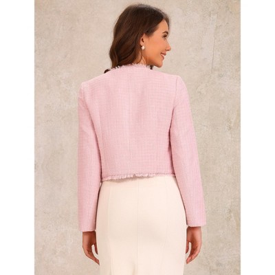 Женские пиджаки Allegra K Women's Plaid Tweed Crew Neck Cropped Button Up Elegant Work Blazer Pink X-Small — фото 3