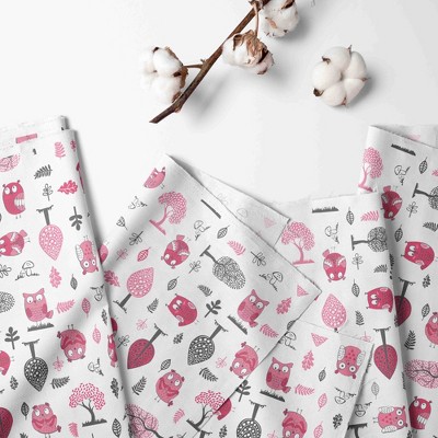 Gray and Pink Owl Print Cotton Rod Pocket Curtain Panel