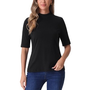 Allegra K Women's Half Sleeve Casual Turtleneck Solid Elastic Soft T-Shirts - 1 of 4
