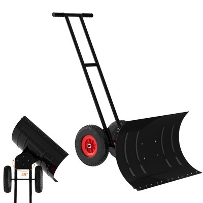 GustoWave Heavy Duty Snow Shovel, Large Snow Pusher Shovel with Wheels and Adjustable Handle for Doorway, Sidewalk, Deck, Black