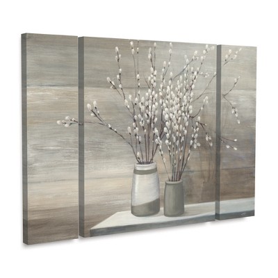 Trademark Fine Art -Julia Purinton 'Pussy Willow Still Life Gray Pots' Multi Panel Art Set Large 3 Piece