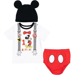 Disney Mickey Mouse 1st Birthday Cosplay Graphic T-Shirt Diaper Cover and Hat 3 Piece Outfit Set White/Red  - 1 of 4