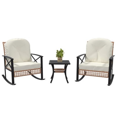 Rattan Rocking Chair Three-Piece Set - Iron Frame, Hollow Weave Rattan, Beige Soft Cushions, Durable Design, Comfortable Seating