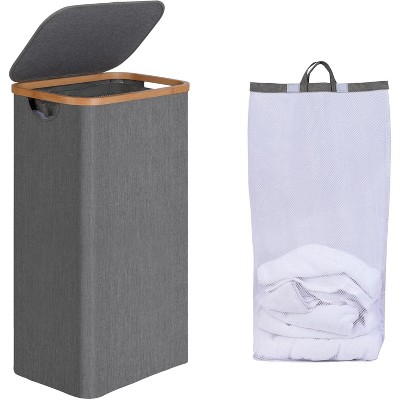 Laundry Basket with Lid, Narrow Laundry Hamper with Removable Bag, Skinny Dirty Clothes Basket with Bamboo Handles